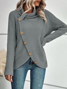 SHEIN LUNE Cowl Neck Button Detail Raglan Sleeve Sweater