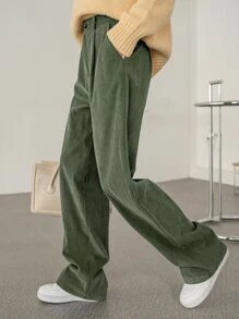 DAZY 高腰拼接細節燈芯絨長褲 - 綠色 - 查看 1