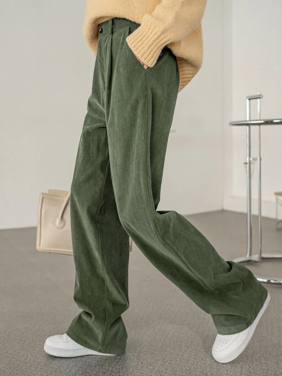 DAZY 高腰拼接細節燈芯絨長褲 - 綠色 - 查看 1