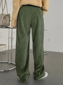 DAZY 高腰拼接細節燈芯絨長褲 - 綠色 - 查看 2