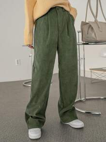 DAZY 高腰拼接細節燈芯絨長褲 - 綠色 - 查看 3