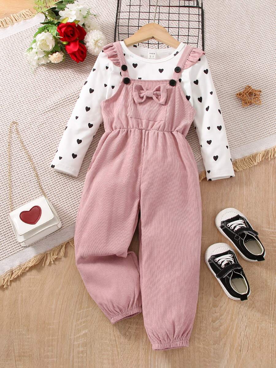 SHEIN Elladie kids Young Girl Heart Print Tee & Bow Front Ruffle Trim Overalls - Multicolor - View 1