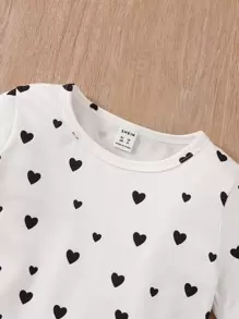 SHEIN Elladie kids Young Girl Heart Print Tee & Bow Front Ruffle Trim Overalls - Multicolor - View 3