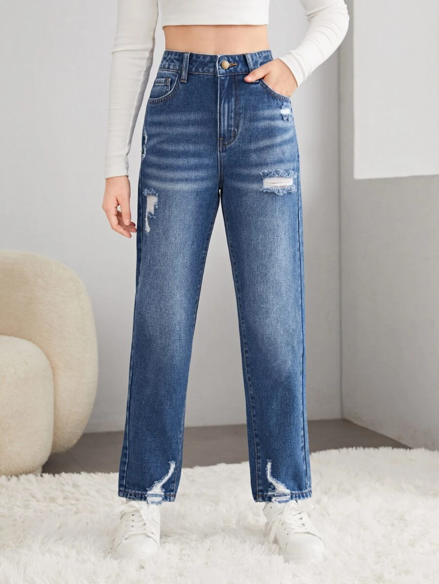 SHEIN Chicas adolescentes Jeans desgarro con cremallera - Azul lavado oscuro - Ver 1