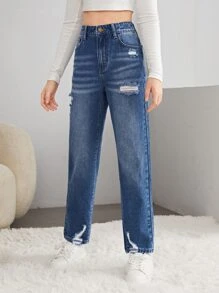 SHEIN Chicas adolescentes Jeans desgarro con cremallera - Azul lavado oscuro - Ver 5