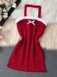 Toddler Girls Fuzzy Trim Bow Front Halter Dress - Red - View 1
