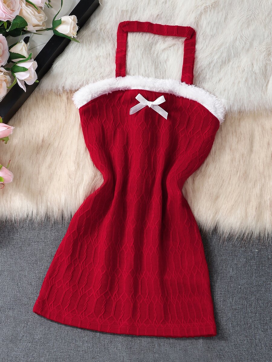 Toddler Girls Fuzzy Trim Bow Front Halter Dress - Red - View 1