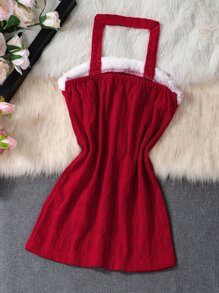 Toddler Girls Fuzzy Trim Bow Front Halter Dress - Red - View 2