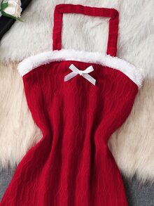Toddler Girls Fuzzy Trim Bow Front Halter Dress - Red - View 4