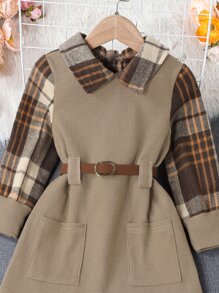 SHEIN Toddler Girls Plaid Print Button Back Belted Dress - Multicolor - View 3