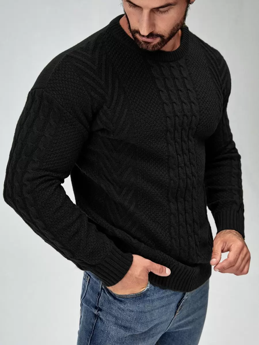 Manfinity Homme Men Cable Knit Drop Shoulder Jumper - Black - View 1
