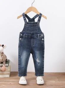 Bebé niño Petos mezclilla desgarro con parche con bolsillo - Azul lavado oscuro - Ver 1