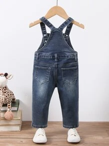 Bebé niño Petos mezclilla desgarro con parche con bolsillo - Azul lavado oscuro - Ver 2