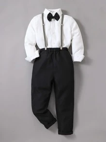 Boys Bow Front Shirt & Suspender Trousers - Black and White - View 1