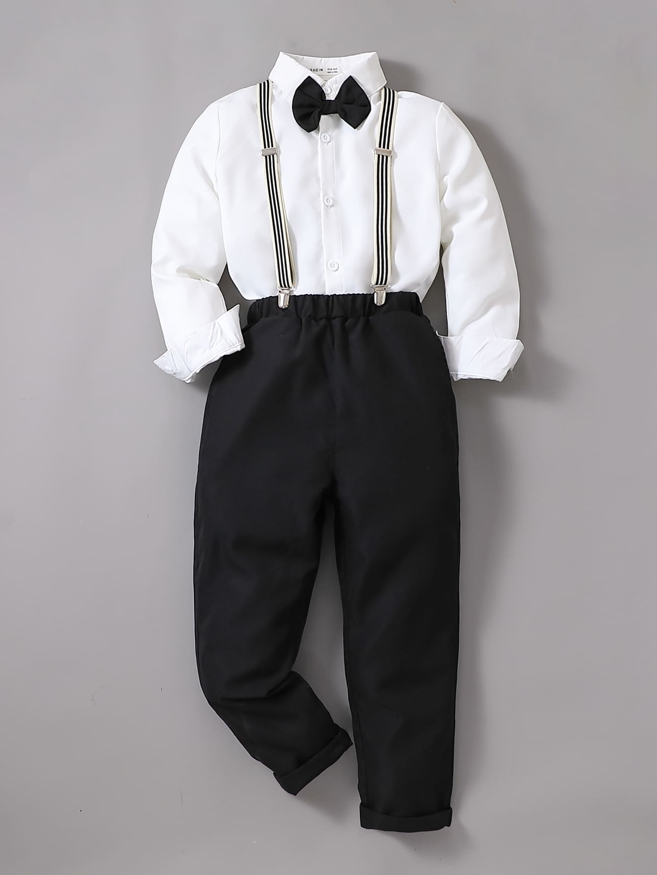 Boys Bow Front Shirt & Suspender Trousers - Black and White - View 1