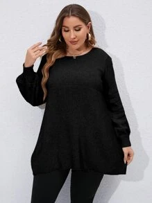 SHEIN LUNE Áo len Plus Size màu trơn Giải trí - màu đen - Xem 1