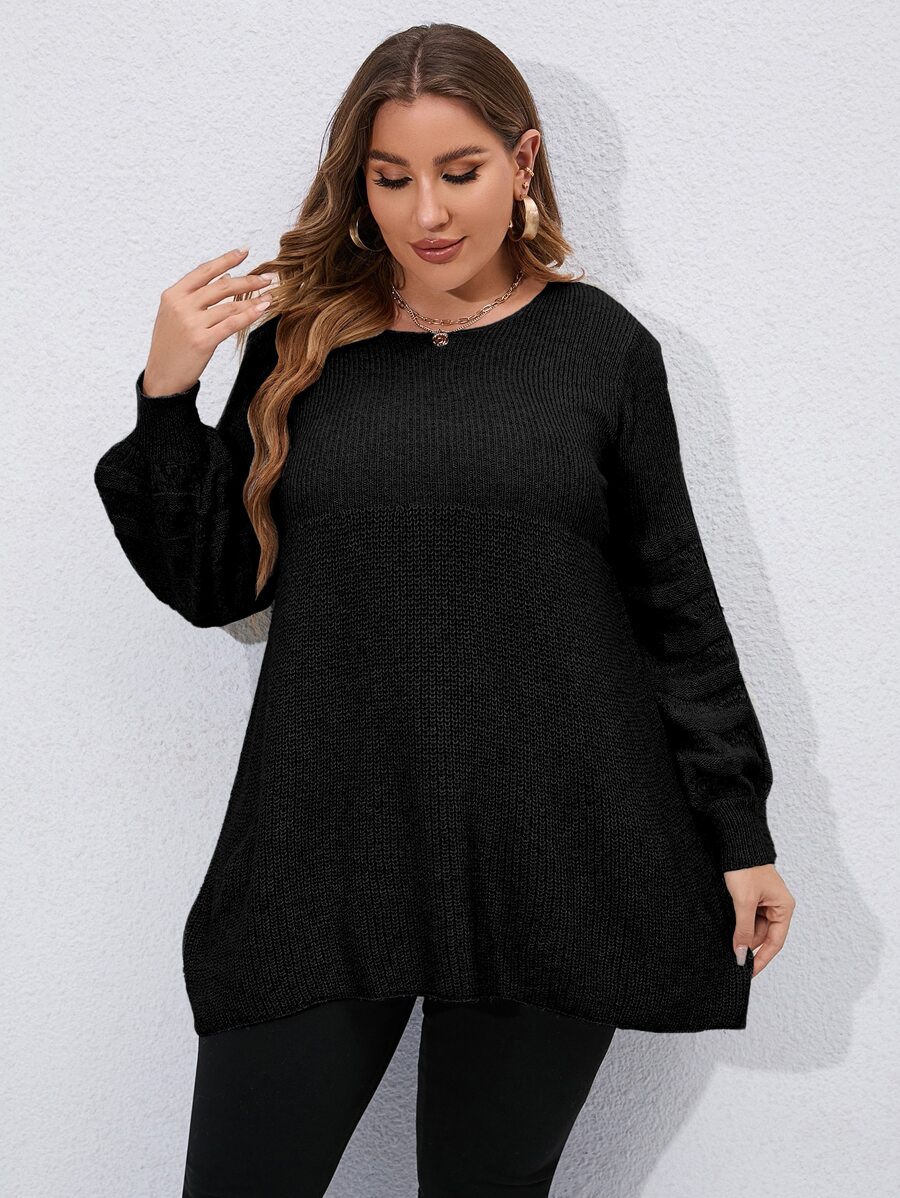 SHEIN LUNE Áo len Plus Size màu trơn Giải trí - màu đen - Xem 1