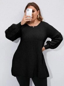 SHEIN LUNE Áo len Plus Size màu trơn Giải trí - màu đen - Xem 3