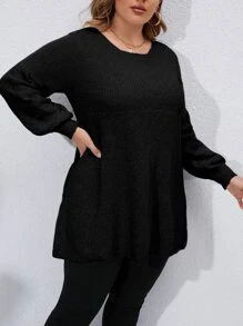 SHEIN LUNE Áo len Plus Size màu trơn Giải trí - màu đen - Xem 4