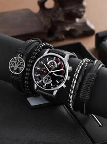HIKUN 1 pieza Hombres Reloj cuarzo de puntero redondo & 4 piezas Pulsera - Negro - Ver 1