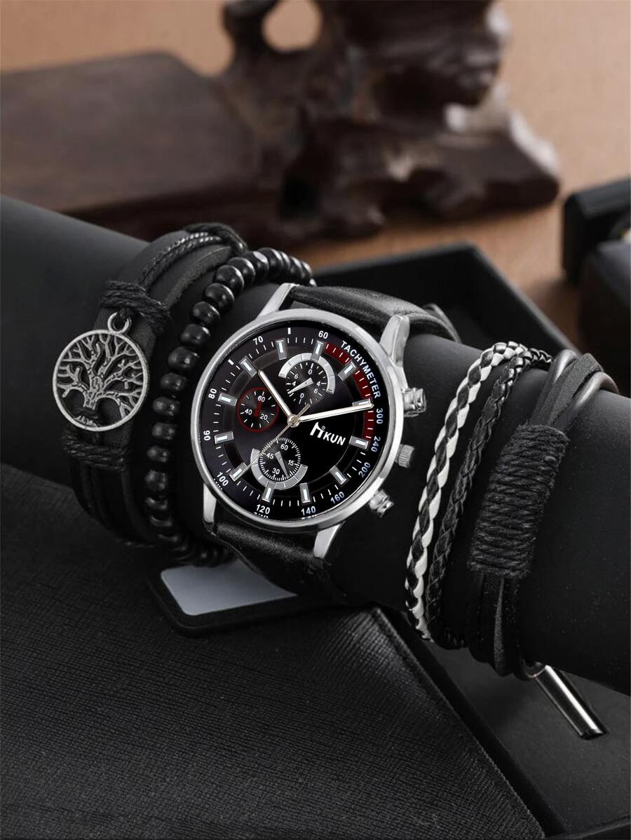 HIKUN 1 pieza Hombres Reloj cuarzo de puntero redondo & 4 piezas Pulsera - Negro - Ver 1
