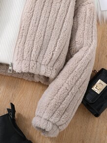 Girls Drop Shoulder 3D Ears Design Hooded Teddy Jacket - Khaki - View 3