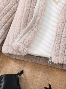 Girls Drop Shoulder 3D Ears Design Hooded Teddy Jacket - Khaki - View 4