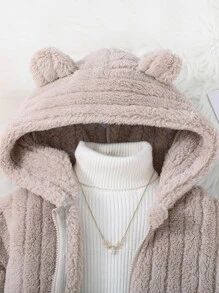 Girls Drop Shoulder 3D Ears Design Hooded Teddy Jacket - Khaki - View 5