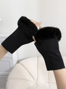 Fluffy Trim Fingerless Gloves - Black - View 4