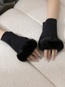 Fluffy Trim Fingerless Gloves - Black - View 6