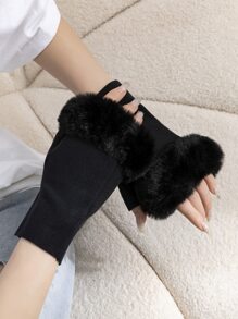 Fluffy Trim Fingerless Gloves - Black - View 5