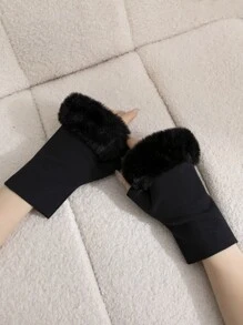 Fluffy Trim Fingerless Gloves - Black - View 2