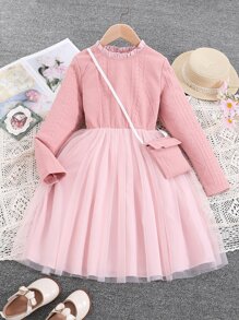 Girls Cable Knit Contrast Mesh Dress & Bag - Baby Pink - View 1