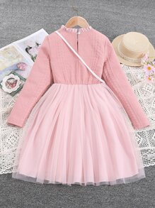 Girls Cable Knit Contrast Mesh Dress & Bag - Baby Pink - View 2