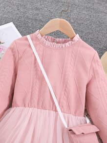 Girls Cable Knit Contrast Mesh Dress & Bag - Baby Pink - View 3