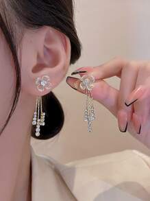 Rhinestone & Flower Decor Earring Jackets - Clear - View 1