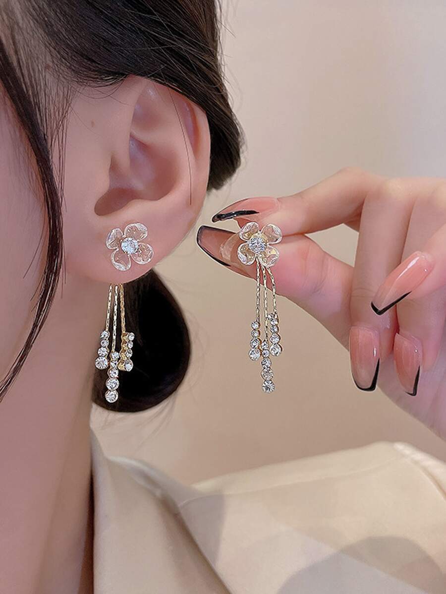 Rhinestone & Flower Decor Earring Jackets - Clear - View 1