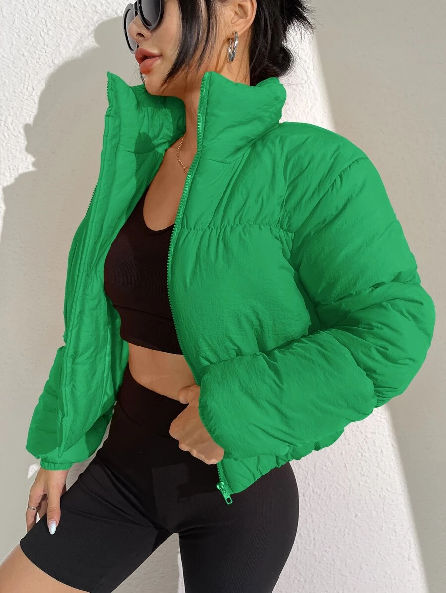 SHEIN EZwear Abrigo acolchado con cremallera de color sólido para invierno - Verde - Ver 1