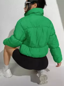 SHEIN EZwear Abrigo acolchado con cremallera de color sólido para invierno - Verde - Ver 2