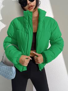 SHEIN EZwear Abrigo acolchado con cremallera de color sólido para invierno - Verde - Ver 4