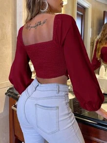 SHEIN Clasi Lantern Sleeve Shirred Back Bustier Crop Top - Burgundy - View 2