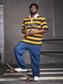 EASEVO Men Plus Letter Graphic Striped Polo Shirt - Multicolor - View 6