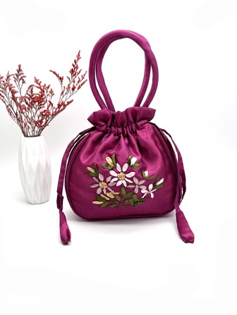 Mini Floral Embroidered Drawstring Design Tote Bag, Mother's Day Gift For Mom, Women's Fashion Nylon Drawstring Phone Bag Double Handle Purse (Rose Red) , Valentines Gifts