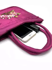 迷你花卉刺绣抽绳设计手提包，母亲节送给妈妈的礼物，女士时尚尼龙抽绳手机包双手柄钱包（玫瑰红） - 玫紅色 - 查看 7