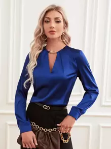 SHEIN Privé Solid Chain Detail Keyhole Neckline Top - Blue - View 6