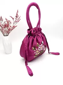 迷你花卉刺绣抽绳设计手提包，母亲节送给妈妈的礼物，女士时尚尼龙抽绳手机包双手柄钱包（玫瑰红） - 玫紅色 - 查看 8