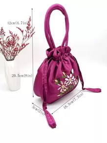 迷你花卉刺绣抽绳设计手提包，母亲节送给妈妈的礼物，女士时尚尼龙抽绳手机包双手柄钱包（玫瑰红） - 玫紅色 - 查看 6
