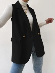 BizChic Damen einfarbiges ärmelloses Oberteil mit Knopfleiste, minimalistischer Lässig-Look, grundlegender urbaner Pendler-Stil, schlichte elegante Business-Lässig Bluse für Büromode im Herbst/Winter