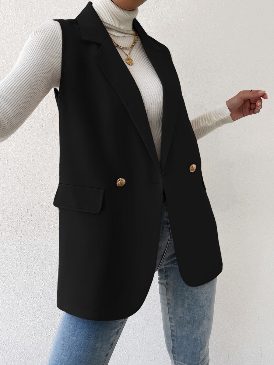 BizChic Damen einfarbiges ärmelloses Oberteil mit Knopfleiste, minimalistischer Lässig-Look, grundlegender urbaner Pendler-Stil, schlichte elegante Business-Lässig Bluse für Büromode im Herbst/Winter