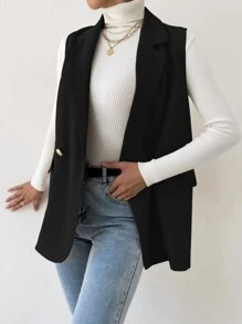 BizChic Damen einfarbiges ärmelloses Oberteil mit Knopfleiste, minimalistischer Lässig-Look, grundlegender urbaner Pendler-Stil, schlichte elegante Business-Lässig Bluse für Büromode im Herbst/Winter